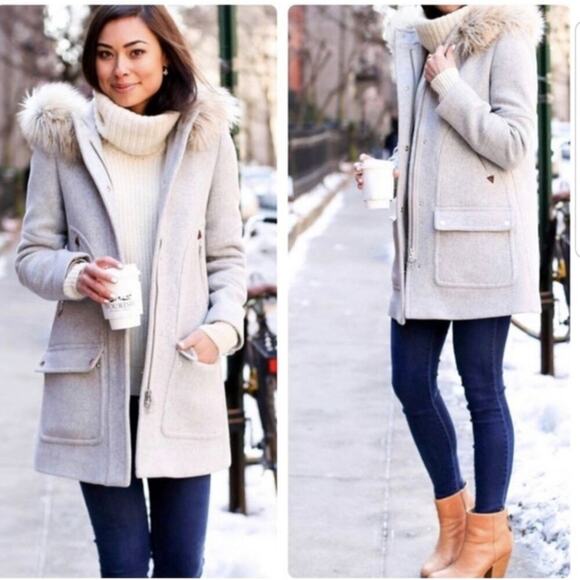 J Crew Chateau Parka Faux Fur Hooded Coat Size 4 Women’s Grey Beige Full Zip